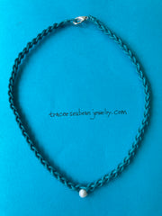 Turquoise braided necklace with white pearl ￼