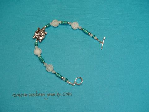 Bracelet: Sterling Silver Turtle Charm Turquoise and Quartz