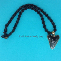 Large fossilized shark tooth necklace on black leather